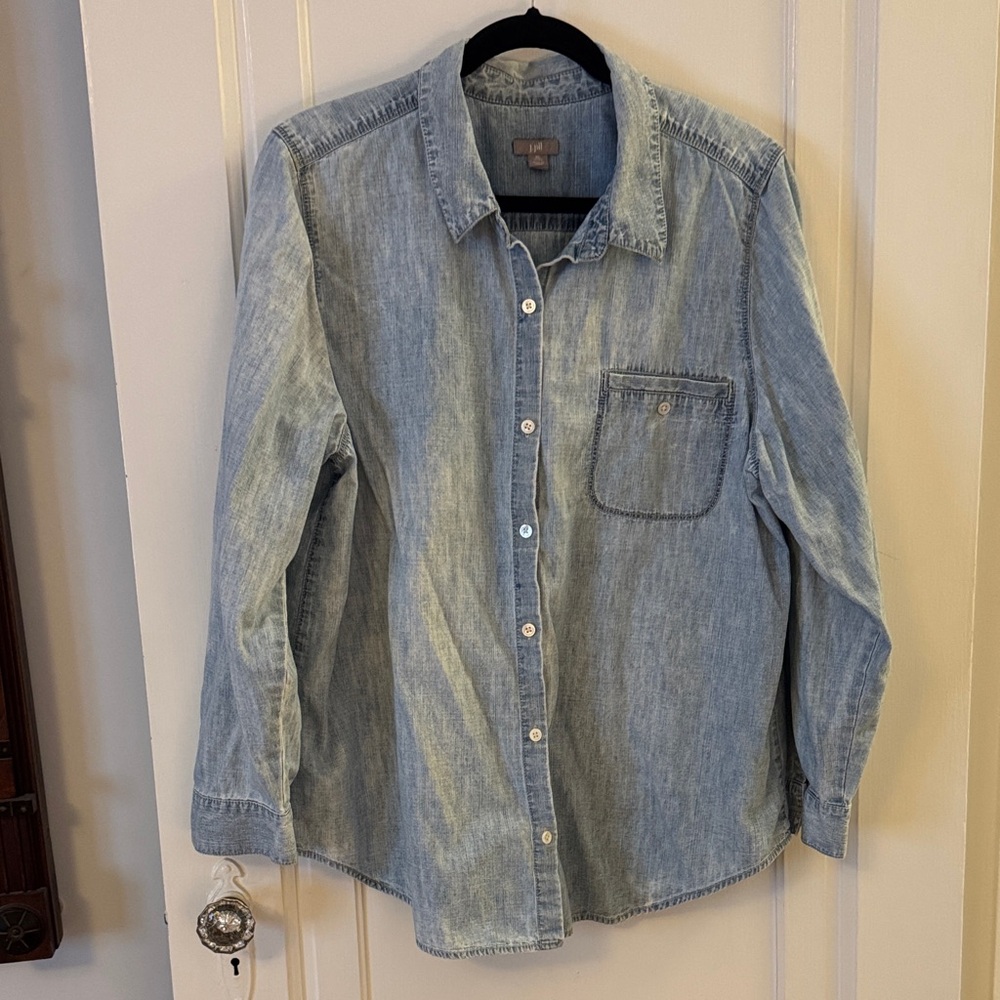 J. Jill Casual Light Blue Button Down Distressed Denim Shirt